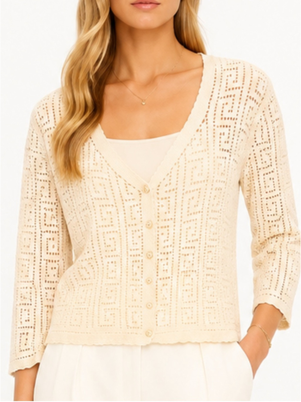 Vintage Handmade Crochet Cardigan Sweater Cream Open Knit Button Front Boho